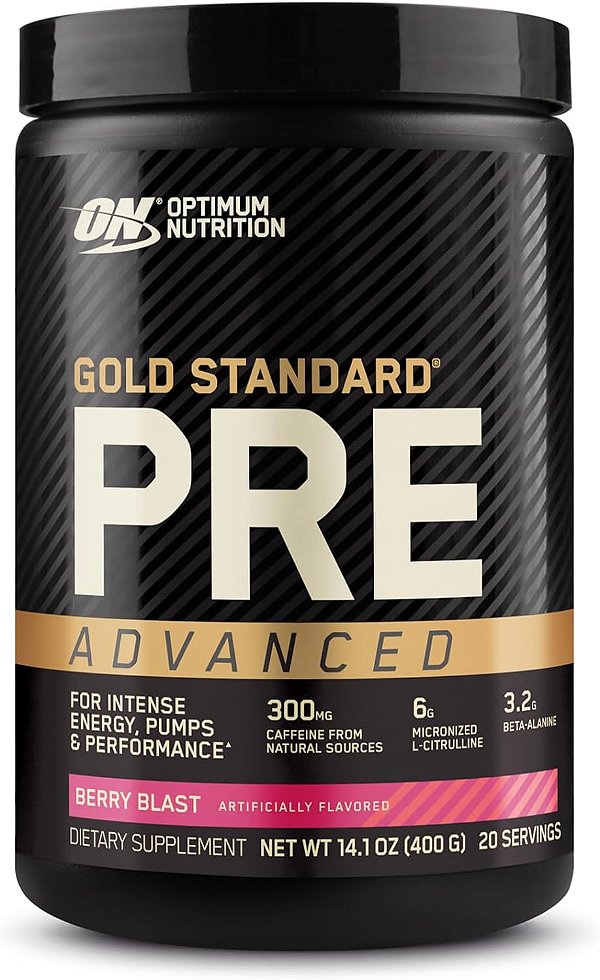 Nutrição Ótima Pré Treino Padrão Ouro Avançado, com Creatina, Beta-Alanina, L-Citrulina Micronizada e Cafeína para Energia, Amigo do Keto, Explosão de Frutas Vermelhas,