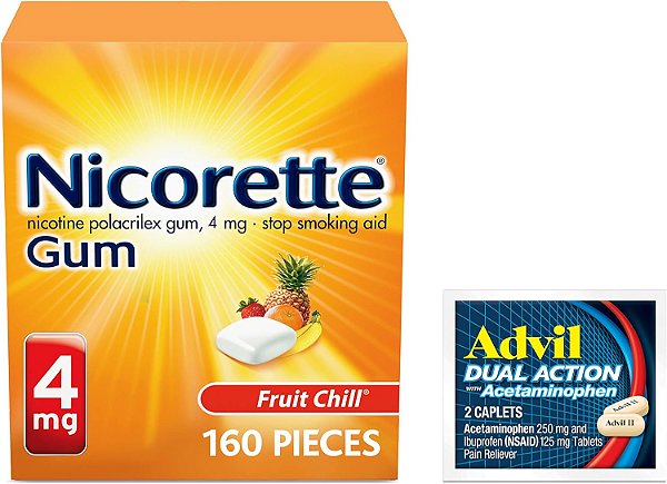 Chicletes de Nicotina Nicorette 4mg para Parar de Fumar - Ajuda com Sabor de Frutas Geladas, 1 Pacote, 160 Unidades, Mais Comprimidos Revestidos Advil Dual Action com Acetaminofeno,