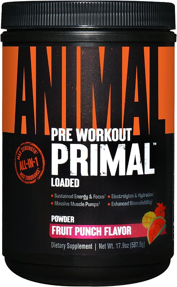 Pó pré-treino e hidratação muscular primal animal - contém beta alanina, 3DPump, cafeína e eletrólitos - melhora energia, foco, resistência e absorção - sabor de ponche de frutas, 17,
