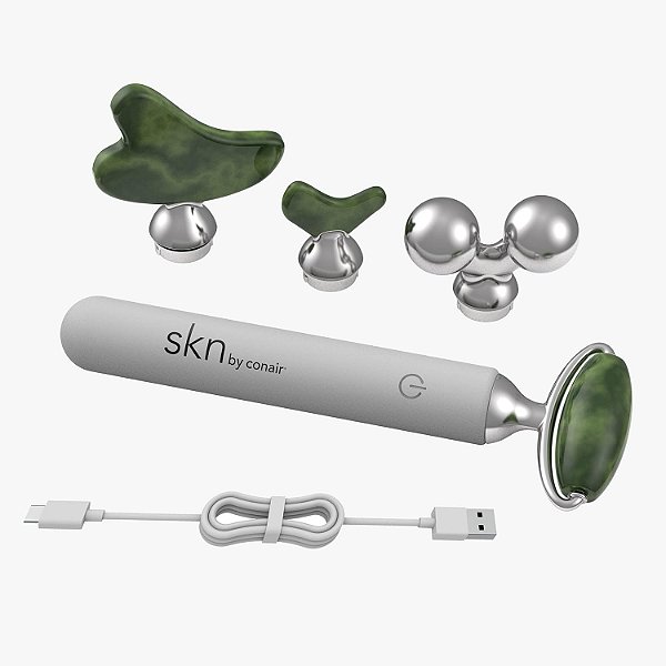Kit de rolo vibratório facial skn by Conair Jade com 4 acessórios, incluindo Gua Sha, Refresque - Revitalize - Trate Sua Pele Para Um Contorno Completo Para Uma Indulgência Semelhante a um Spa.