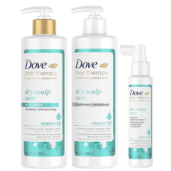 Kit Dove Hair Therapy Regimen para Cabelos com Shampoo, Condicionador e Tratamento Leave-On para Couro Cabeludo Seco com Vitamina B3.