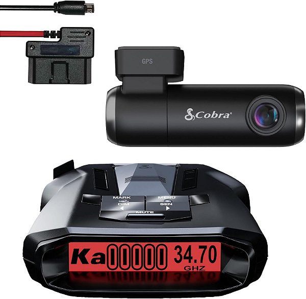 Detector de radar a laser Cobra RAD 700i & SC100 Smart Dash Cam + Kit de fiação rígida Micro USB para porta OBD 2.5A: Detecção de longo alcance frontal e traseira, DSP, Resolução Full HD 1080