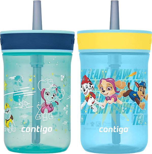 Garrafa de água de plástico para crianças da Patrulha Canina, Copo com tampa à prova de vazamentos com canudo para crianças, seguro para lava-louças, 14oz, pacote com 2 unidades para casa/escola