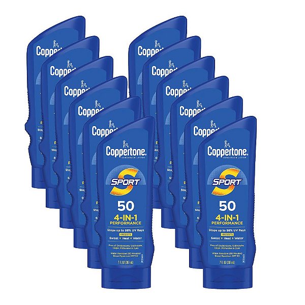 Protetor solar Coppertone SPORT SPF 50 Loção, Protetor solar resistente à água, Loção Protetora Solar para o Corpo, 7 fl oz (Pacote com 12)