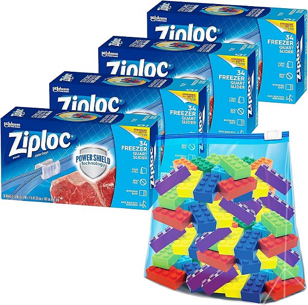 Sacolas deslizantes para armazenamento de alimentos Ziploc Quart, tecnologia Power Shield para maior durabilidade, 34 unidades (pacote com 4)