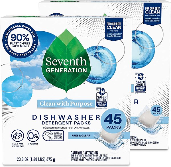 Tabletes de detergente para lava-louças da Seventh Generation para louças brilhantes, sem fragrância, 45 unidades, pacote de 2 (embalagem pode variar)
