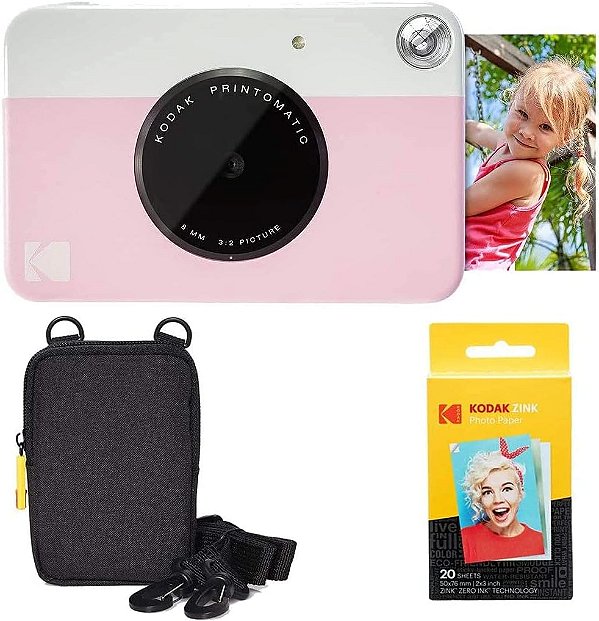 Câmera Instantânea Kodak Printomatic (Rosa) Pacote Básico + Papel Zink (20 Folhas) + Estojo Deluxe