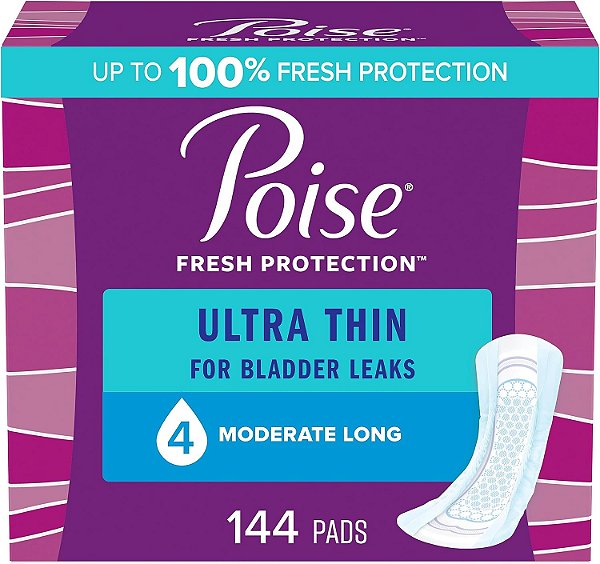 Protetores Ultrafinos para Incontinência Poise e Protetores para Incontinência Pós-Parto, Absorção Moderada de 4 Gotas, Comprimento Longo, 144 Unidades (3 Pacotes com 48), Embalagem Pode