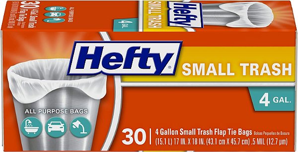 Sacolas de lixo Hefty/Sacos de lixo, Fecho de Aba, Sem Perfume, Pequenas 4 Galões, 30 Unidades (Pacote com 12)