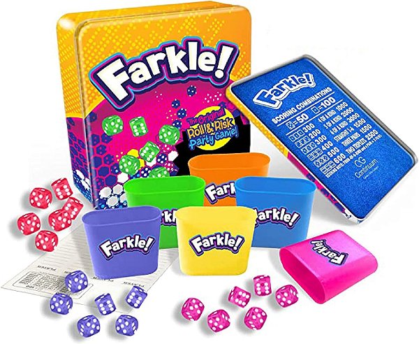 Jogo de Dados Farkle Deluxe Inclui 36 Dados Coloridos, 6 Copos de Rolagem, Bandeja de Rolagem e Folhas de Pontuação O Clássico Jogo de Dados de Empurrar a Sorte.