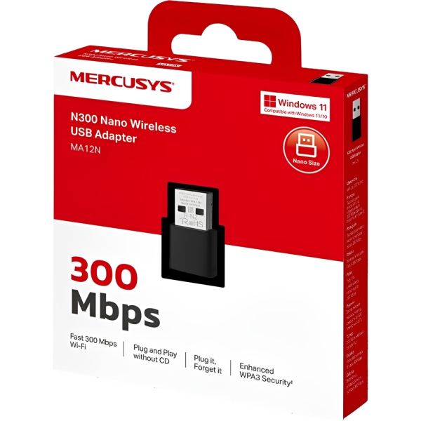 Adaptador Sem Fio Mercusys MA12N N300 300 Mbps Nano USB - Preto