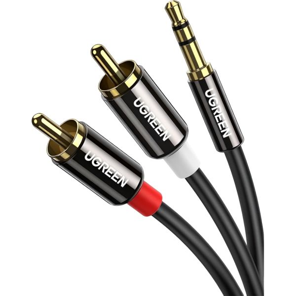 Cabo de Áudio Ugreen AV116 Jack 3.5mm para 2 RCA - Preto/Dourado 3 metros