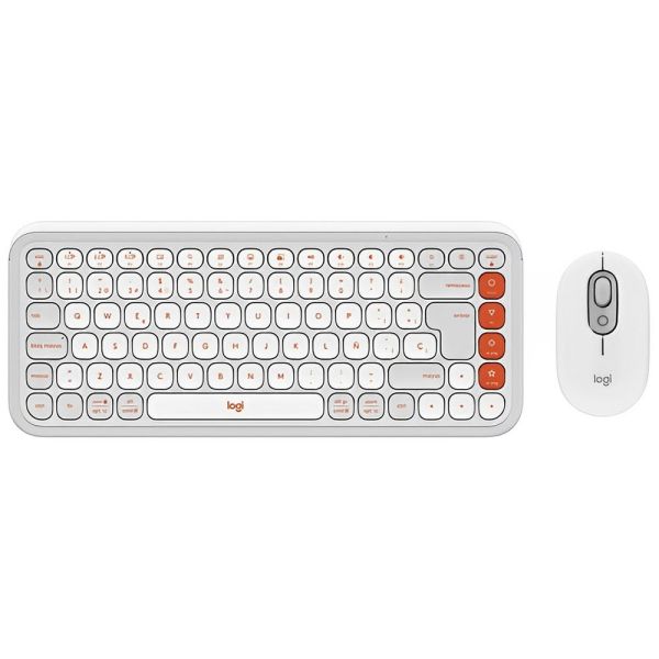 Kit Teclado + Mouse Sem fio Logitech Pop Icon Combo - White/Orange (920-013055)