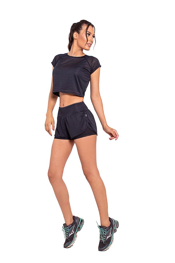 Conjunto Fitness Cintura Alta Short e Cropped Black