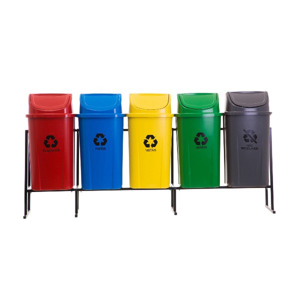 Lixeira Coleta Seletiva 60L - Kit com suporte 5 cestos Lixo Não Reciclável