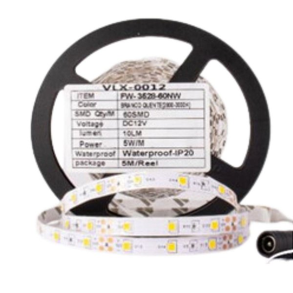 FITA DE LED 12V BRANCO QUENTE (3000K) 3528 60LED + IP20 + 5M