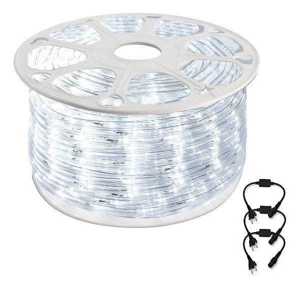 FITA DE LED REDONDA 110V BRANCO FRIO (6500K) 3528 60LED + IP67 + 100M (TOMADA)