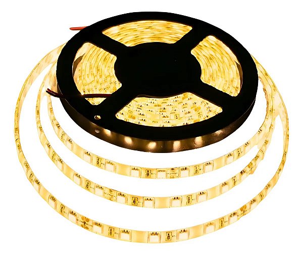 FITA DE LED 12V BRANCO QUENTE (3000K) C/SILICONE 3528 60LED + IP65 + 5M