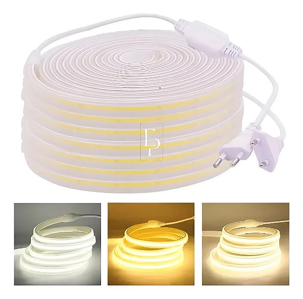 FITA DE LED COB 220V BRANCO FRIO (6500K) 320LED + IP67 + 50M (TOMADA)