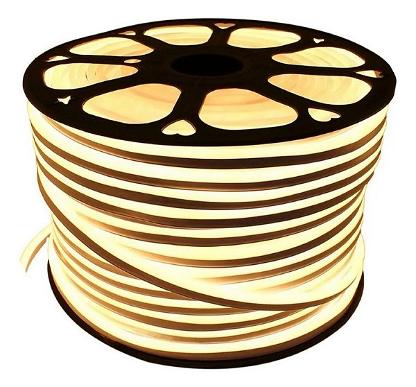 FITA DE LED NEON SILICONADA 110V BRANCO QUENTE (3000K) 3528 60LED + IP67 + 100M (TOMADA)