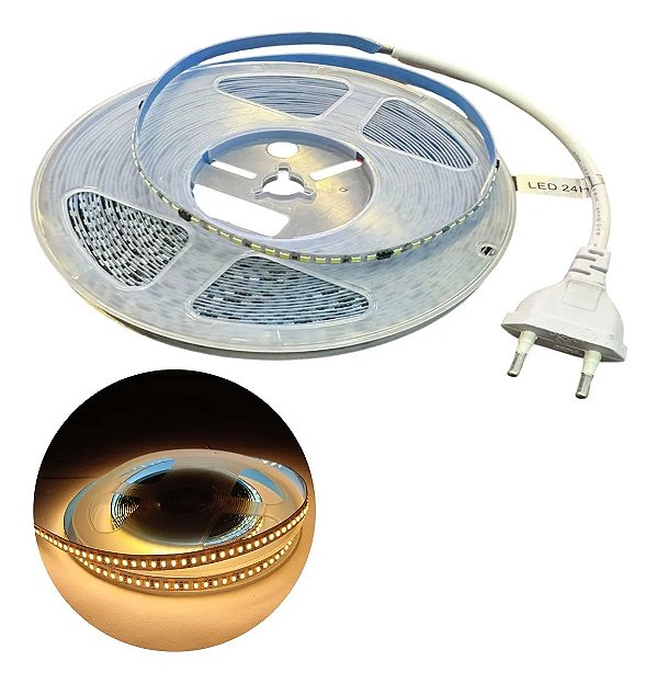 FITA DE LED 110V BRANCO QUENTE (3000K) 3528 120LED + IP20 + 10M (TOMADA)