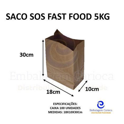 SACO SOS FAST FOOD SEM ESTAMPA 18X10X30CM CX C/100 5KG DUPACK