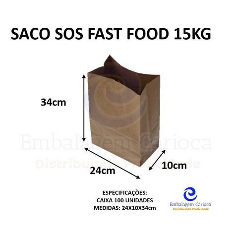 SACO SOS FAST FOOD SEM ESTAMPA 24X10,5X34CM CX C/100 15KG DUPACK