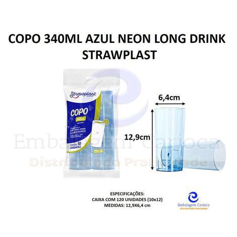 COPO 340ML AZUL NEON LONG DRINK 12X10 STRAWPLAST 381