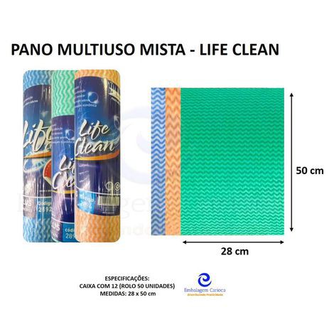 PANO MULTIUSO 28X50 MISTA CX C/12 ROLOS C/50 UND 25M LIFE CLEAN