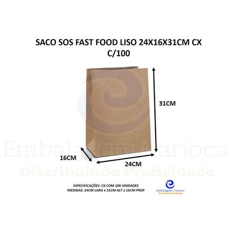 SACO SOS FAST FOOD SEM ESTAMPA 24X16X31CM CX C/100 17,5KG DUPACK