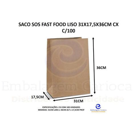 SACO SOS FAST FOOD SEM ESTAMPA 31X17,5X35CM CX C/100 20KG DUPACK
