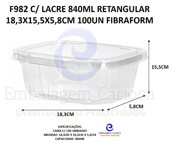 F982 C/ LACRE 840ML RETANGULAR 18,3X15,5X5,8CM 100UN FIBRAFORM
