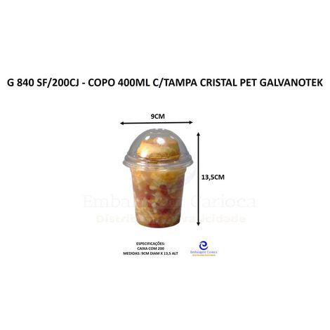 G 840 SF/200CJ - COPO 400ML C/ TAMPA 20X10 CRISTAL PET GALVANOTEK