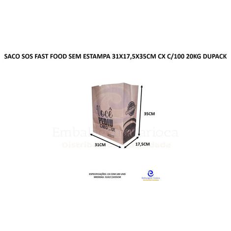SACO SOS FAST FOOD PEDIU CHEGOU 31X17,5X35CM CX C/100 20KG DUPACK