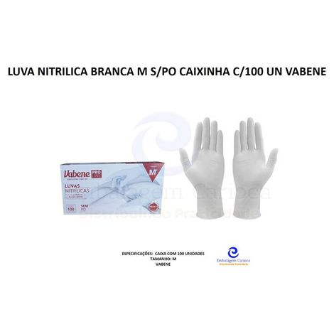 LUVA NITRILICA BRANCA M S/PO CAIXINHA C/100 UN VABENE