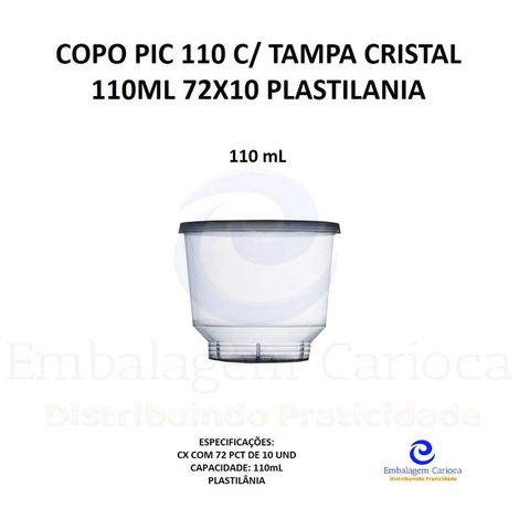 COPO PIC 110 C/ TAMPA CRISTAL 110ML 72X10 PLASTILANIA