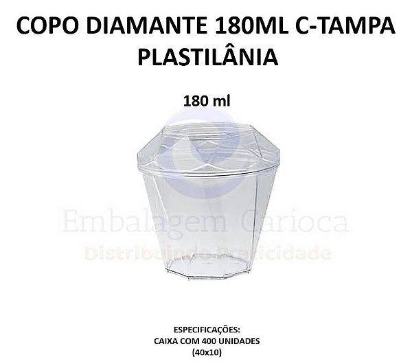 COPO DIAMANTE 180ML C/TAMPA 10X10 PLASTILANIA