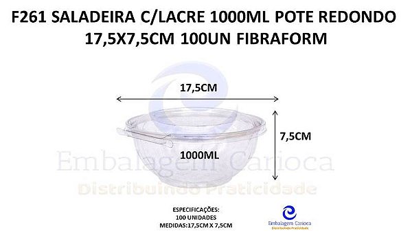 F261 SALADEIRA C/LACRE 1000ML POTE REDONDO 17,5X7,5CM 100UN FIBRAFORM