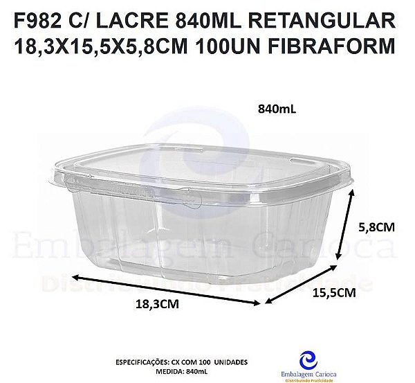 F982 C/ LACRE 840ML RETANGULAR 18,3X15,5X5,8CM 100UN FIBRAFORM