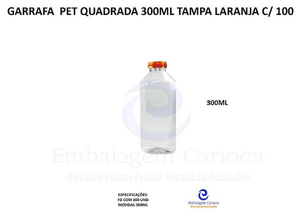 GARRAFA PET QUADRADA 300ML TAMPA LARANJA C/100 (CRISTAL) MULTPLAST
