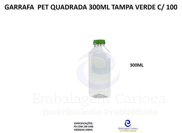 GARRAFA PET QUADRADA 300ML TAMPA VERDE C/100 (CRISTAL) MULTPLAST