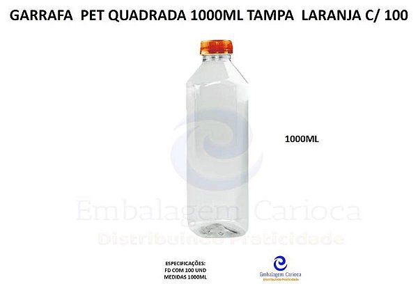 GARRAFINHA PET QUADRADA 1000ML TAMPA LARANJA C/100 (CRISTAL) MULTPLAST