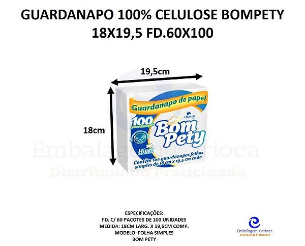 GUARDANAPO 100% CELULOSE BOMPETY 20X22 CX.100X50