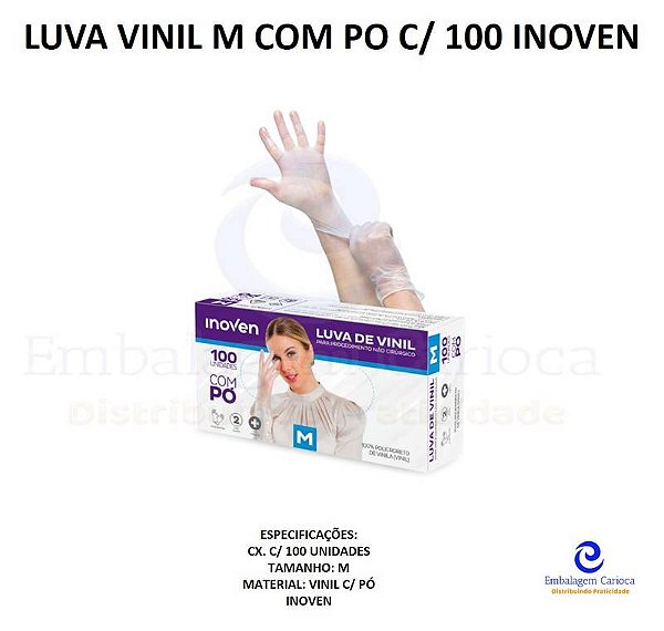 LUVA VINIL BRANCA M COM PO C/ 100 INOVEN