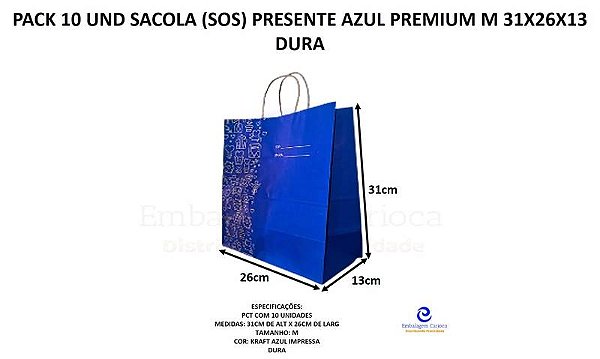 PACK 10 UND SACOLA (SOS) PRESENTE AZUL PREMIUM M 31X26X13  DURA