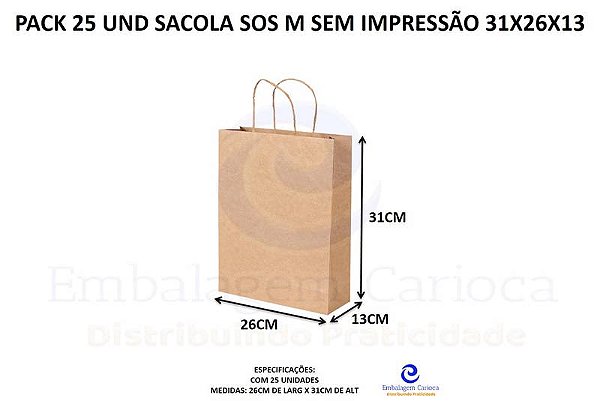 PACK 25 UND SACOLA SOS M SEM IMPRESSAO 31X26X13 DURA