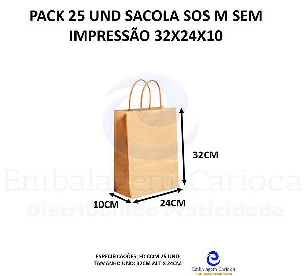 PACK 25 UND SACOLA SOS M SEM IMPRESSAO 32X24X10 DURA