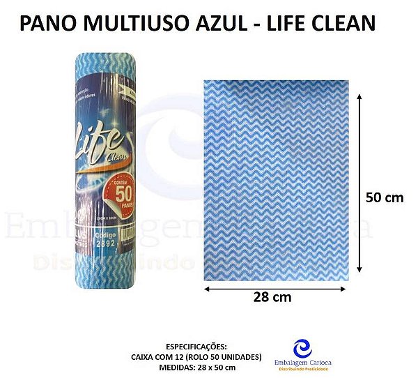 PANO MULTIUSO 28X50 AZUL CX C/12 ROLOS C/50 UND 25M LIFE CLEAN
