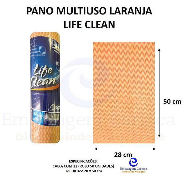 PANO MULTIUSO 28X50 LARANJA CX C/12 ROLOS C/50 UND 25M LIFE CLEAN