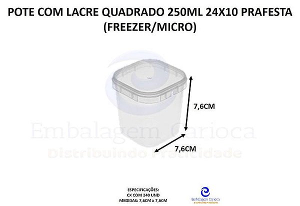 POTE COM LACRE QUADRADO 250ML 24X10 PRAFESTA (FREEZER/MICRO)